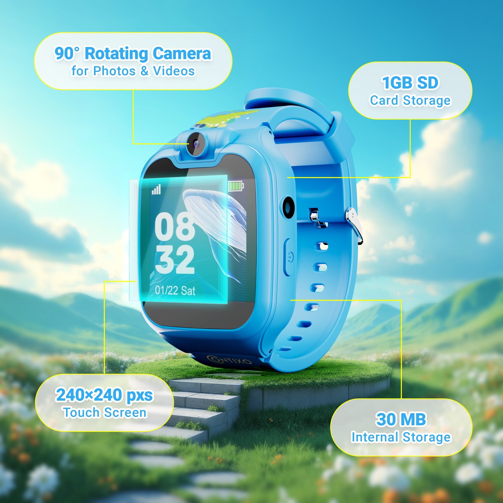 Contixo Kids Smart Watch with 1.54” HD Touch Screen, Kids Watch with 16 Educational Games and Rotating Camera, Blue