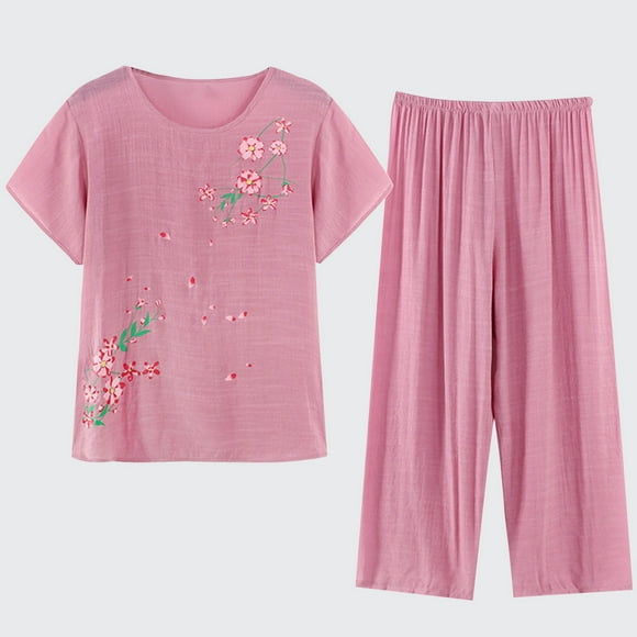 zanvin Women's Cute Sleepwear Tops with Pants Pajama Sets Short Sleeve Cotton Pjs Sets,Pink,XXL