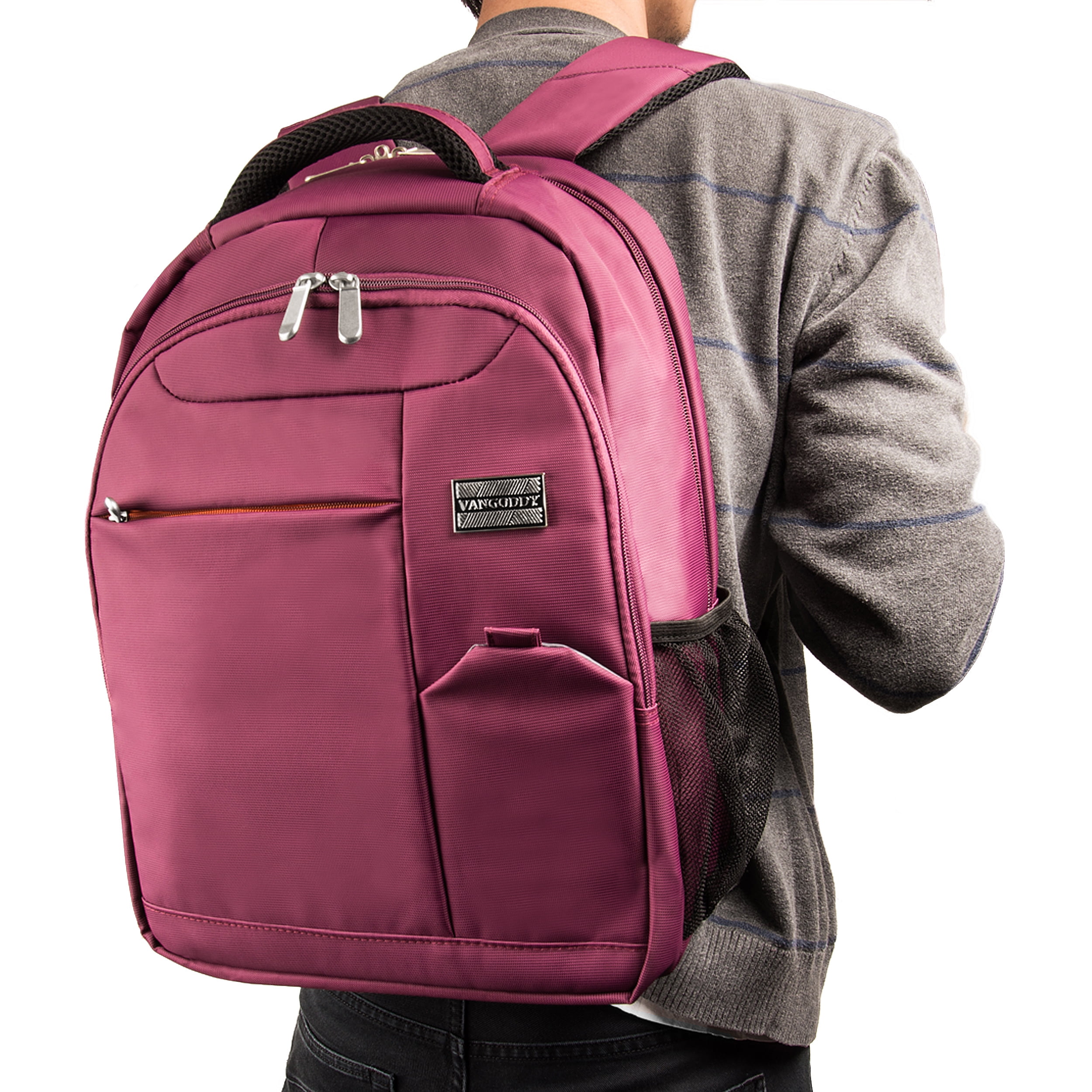 Germini Series Multi-Compartment Nylon Backpack With Padded Straps, Zippered Pockets And Colorful Neoprene Smart Sleeve for 15 Inch Laptops / Tablets Bundle(Purple)(Red)