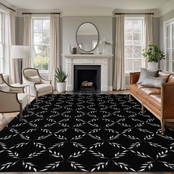 Area Rug for Living Room, Black Morocco Non-Slip Indoor Large Carpet for Bedroom/Dining Room, Geometric Leaf Diamond Lattice Abstract Washable Low-Profile Rectangle Floor Runner Rugs - 5 x 7 Ft