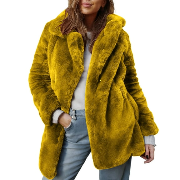 Womens Faux Fur Coat Winter Warm Coat Long Sleeve Lapel Collar Soft Comfy Trendy Solid Outerwear Coats (XL, Yellow)
