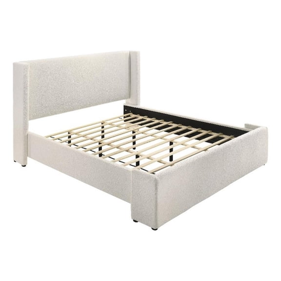 Benjara Mosy King Platform Bed- White Boucle Upholstered Wingback Headboard