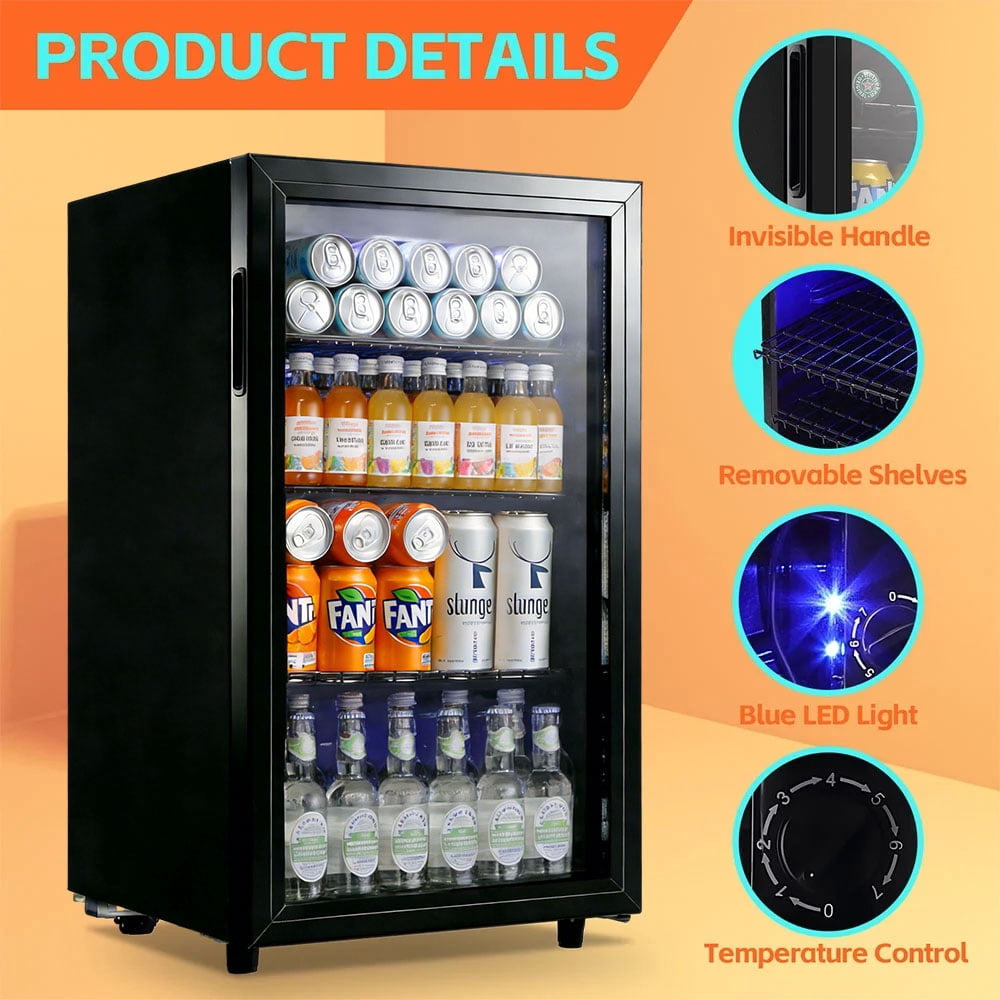JIEJIA Beverage Refrigerators 120-Can Small Mini Fridge Glass Door, Removable Shelves for Soda Beer or Wine, 3.5 Cu.ft