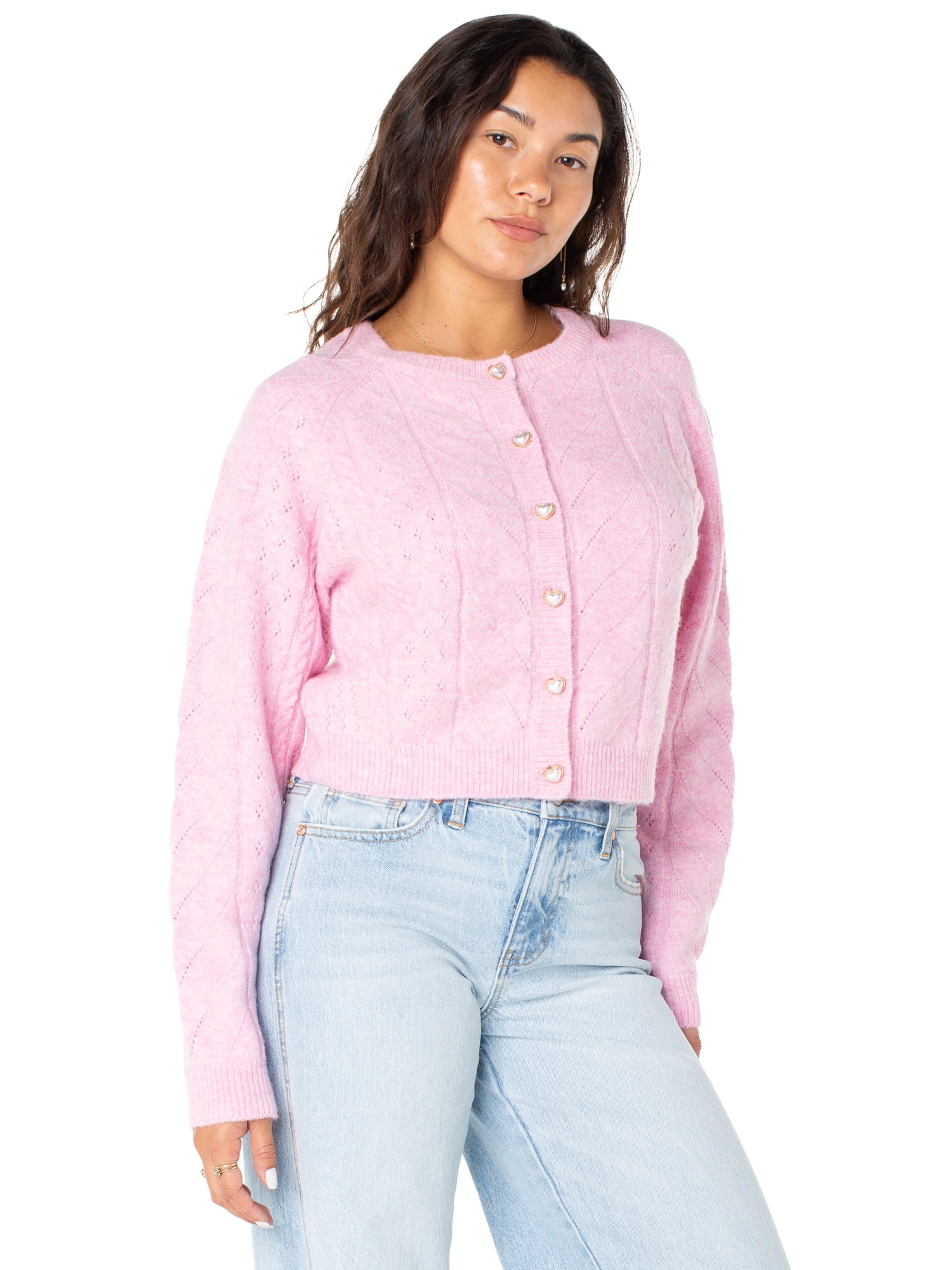 Celebrity Pink Women's and Women's Plus Cable Knit Crew Neck Cardigan, Sizes XS-4X