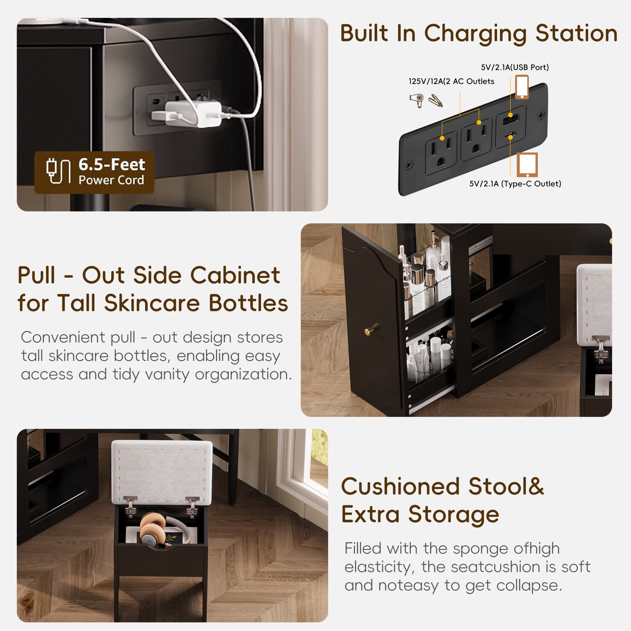 Noble House Corner Vanity Desk Set with Charging Station, Makeup Table and Storage Stool, Black