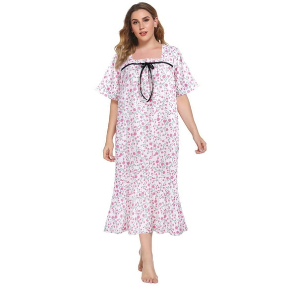 Women's Loose Plus Size Nightdress Square House Dress Short Sleeve Sleep Dress Soft Long Sleepwear Nightgowns For Home Wear Pajama Dress,XL-4XL