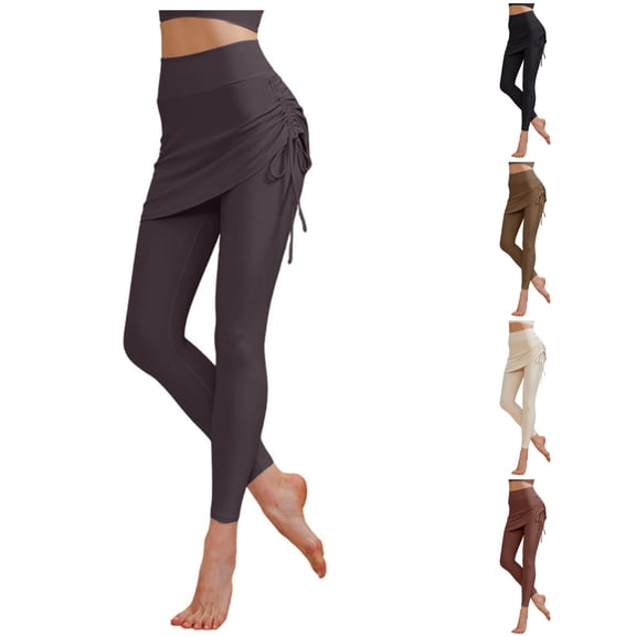 CAIVO Women High Waist 2 in 1 Skirted Yoga Leggings, Adjustable Side Drawstring Soft Stretch Full Length Workout Pants for Pilates Gym Daily Wear