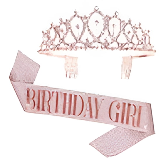 DESIGNICE Birthday-Girl Sash Tiara Crown Set, Sparkling Crown with the Same Shoulder Strap Birthday Gifts Decorations for Girls Women (Rose Gold)