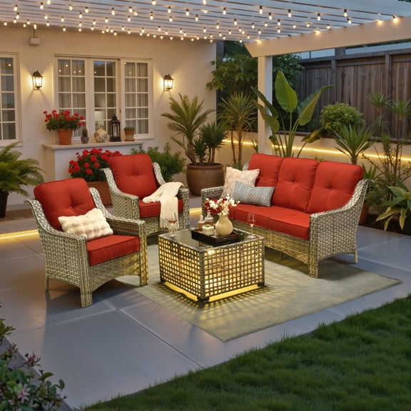 Ovios 4 Pieces Outdoor Furniture Set High Back All-Weather Wicker Patio Conversation Set with Solar Light Coffee Table, Orange Red(Textured)