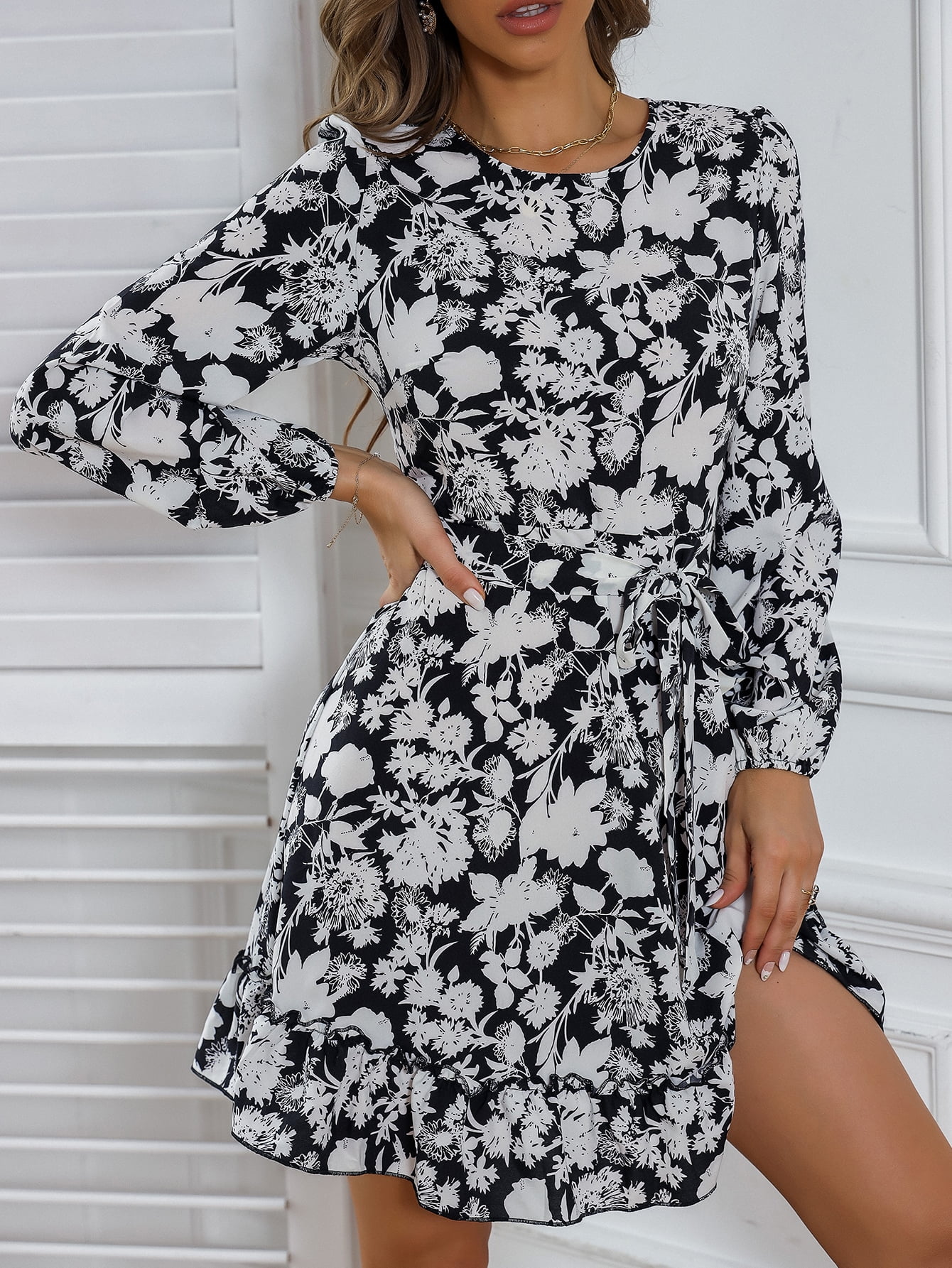 Women's Floral Print Belted Frill Trim 