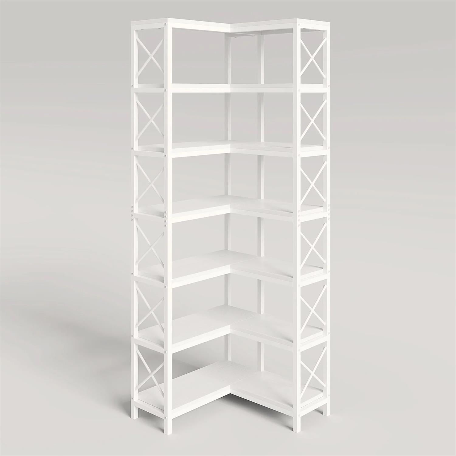 Demi Bonn 7 Tier Corner Bookshelf, Bookshelves, Open Etagere Bookcase Shelf Storage Organizer, Storage Shelving Unit for Bedroom, Living Room and Home Office, White