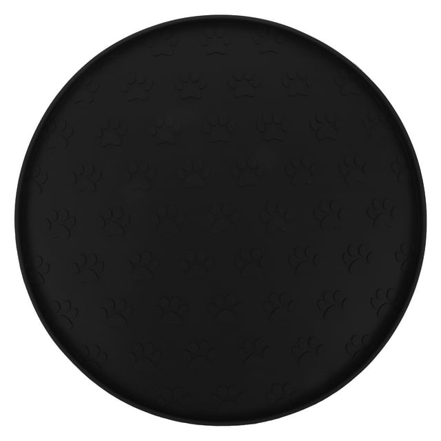 ColoMX Tapete de silicona para comederos de perros, redondo, negro - Bandeja impermeable para gatos con bordes elevados para suelos y bebederos para cachorros (huella)