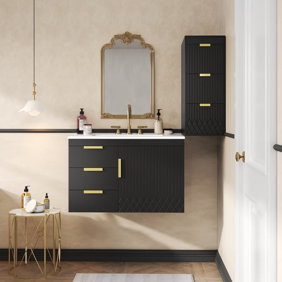 Euroco 30" Wall Mounted Bathroom Cabinet with Side Cabinet Combo, Bathroom Cabinet with Soft-Closing Door and Drawers, Modern Bathroom Vanity with Sink