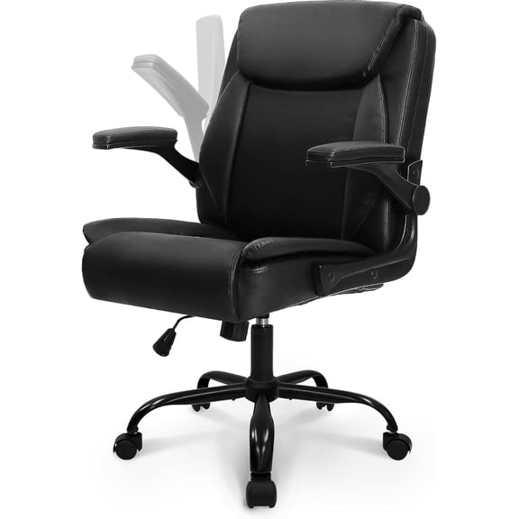 NEO CHAIR Office Desk Computer Chair Ergonomic Executive Mid-Back Leather Gaming Chair with Adjustable Flip-Up Armrests Wheels Swivel for Home Study Task (Jet Black)