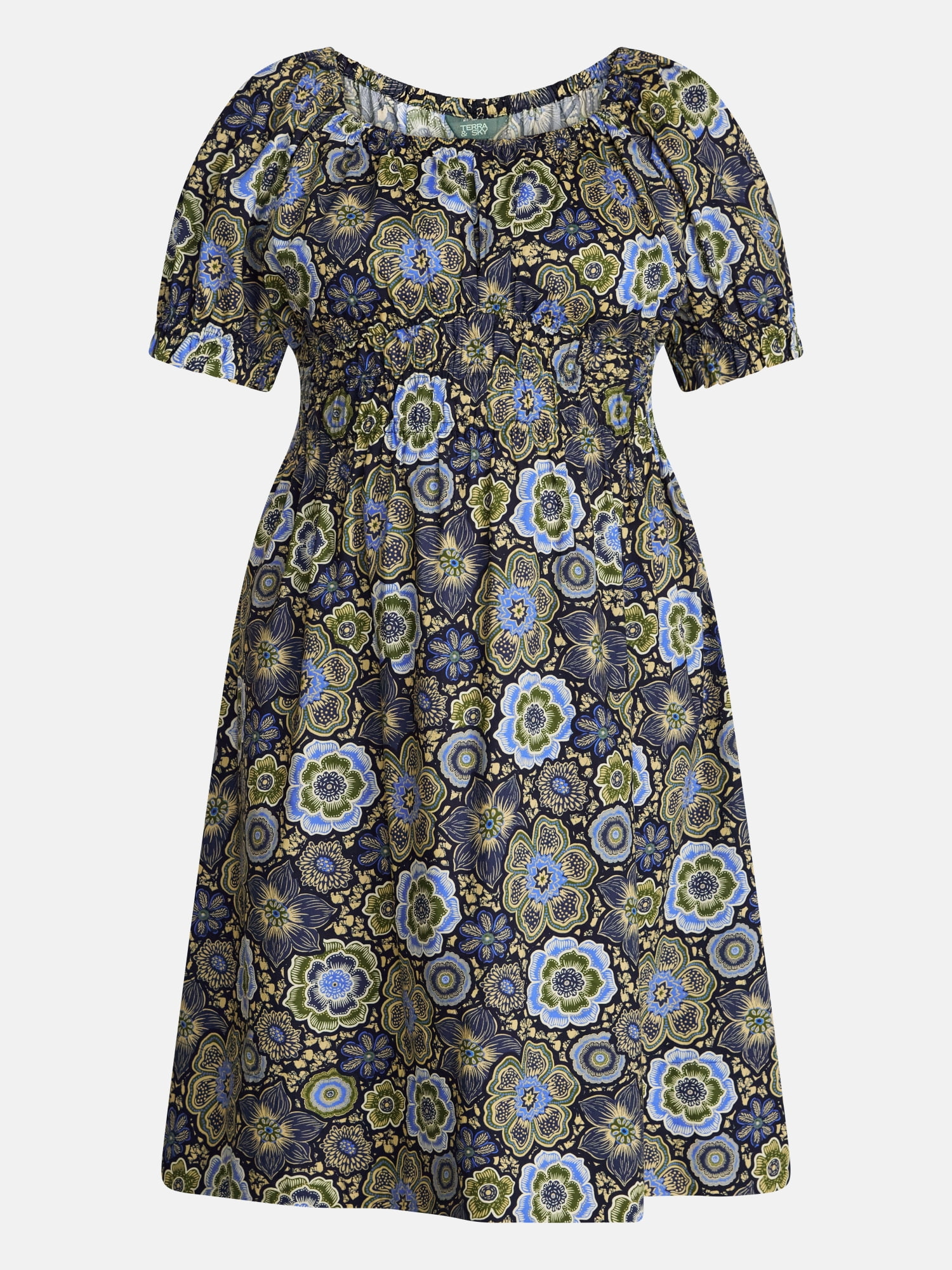 Terra & Sky Women's Plus Smocked Cotton Midi Dress with Short Puff Sleeves, Sizes- 0X-5X