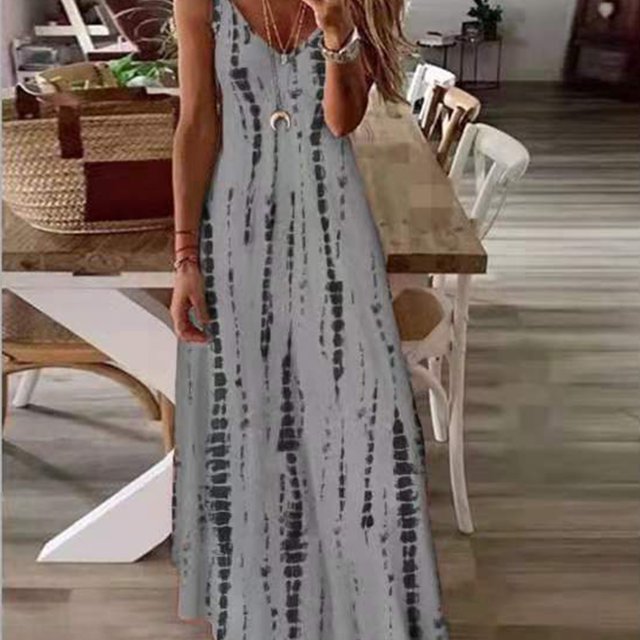Vestido Suspendido Vestido bohemio largo con tirantes Vestido con tirantes de playa con estampado de columpio grande (Gris M) Ygjytge para Mujer Gris T M