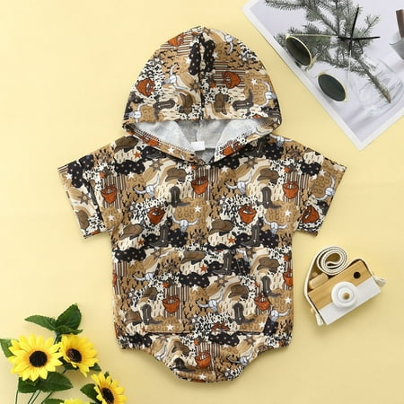 

NIUREDLTD Baby Boys Girls Hooded Romper Bull Head Print Short Sleeve Jumpsuits Bodysuit With Pockets
