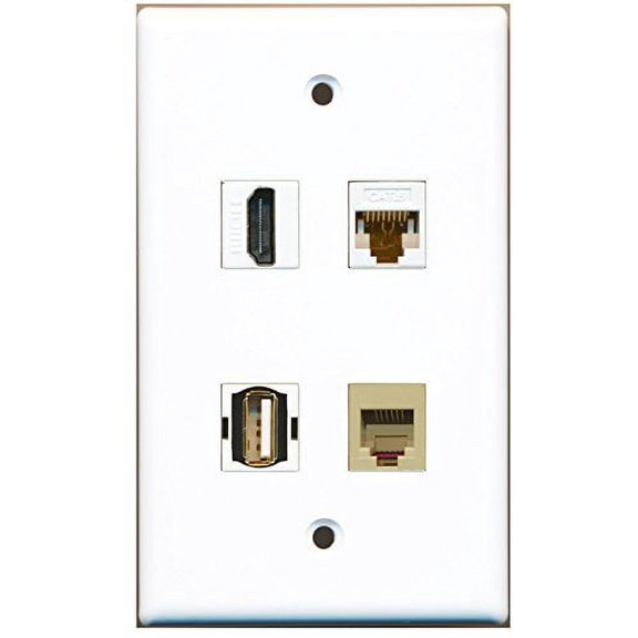 RiteAV - 1 Port HDMI 1 Port USB A-A 1 Port Phone RJ11 RJ12 Beige 1 Port Cat6 Ethernet White Wall Plate