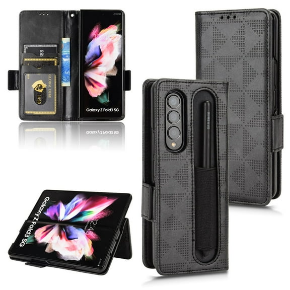 SaniMore Wallet Case for Samsung Galaxy Z Fold 4 6.7" 2022, Glitter PU Leather Case Triangle Pattern Card Slots Cash Pocket Kickstand Removeable Wrist Strip All-around Protective Magnetic Case, Black
