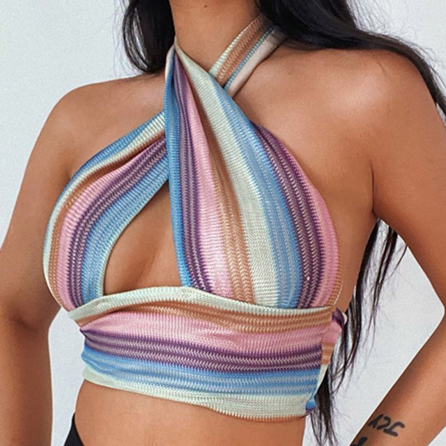 CEHVOM Ladies Color Striped Sleeveless Halter Halter Slim Knit Cross Top