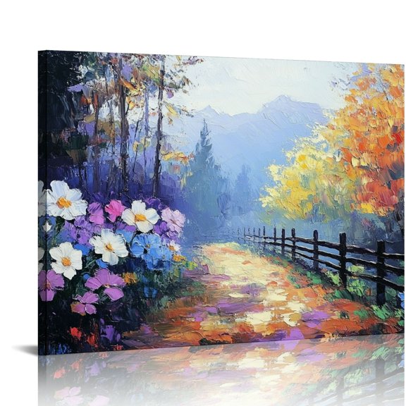 Serene Mountain Landscape with Daisies Canvas Art Print - Misty Forest & Floral Decor, 16x20 inch, Unframed