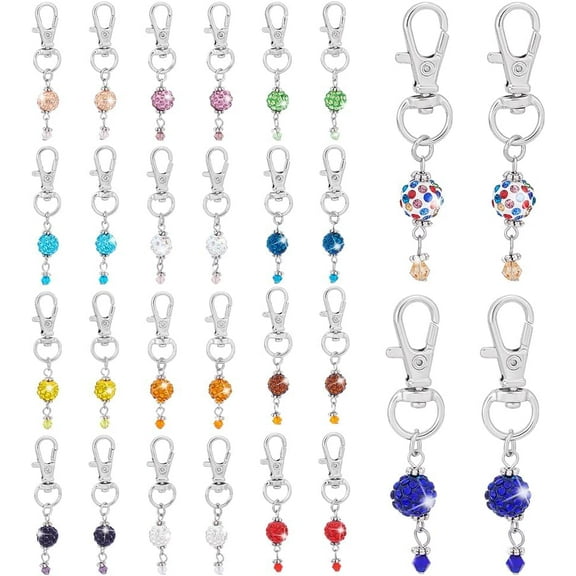 28pcs 14 Colors Keychain Charms Zipper Pull Charms Rhinestone Clay Beads Pendant Disco Ball Dangle Pendant Decorative Charms with Lobster Clasp