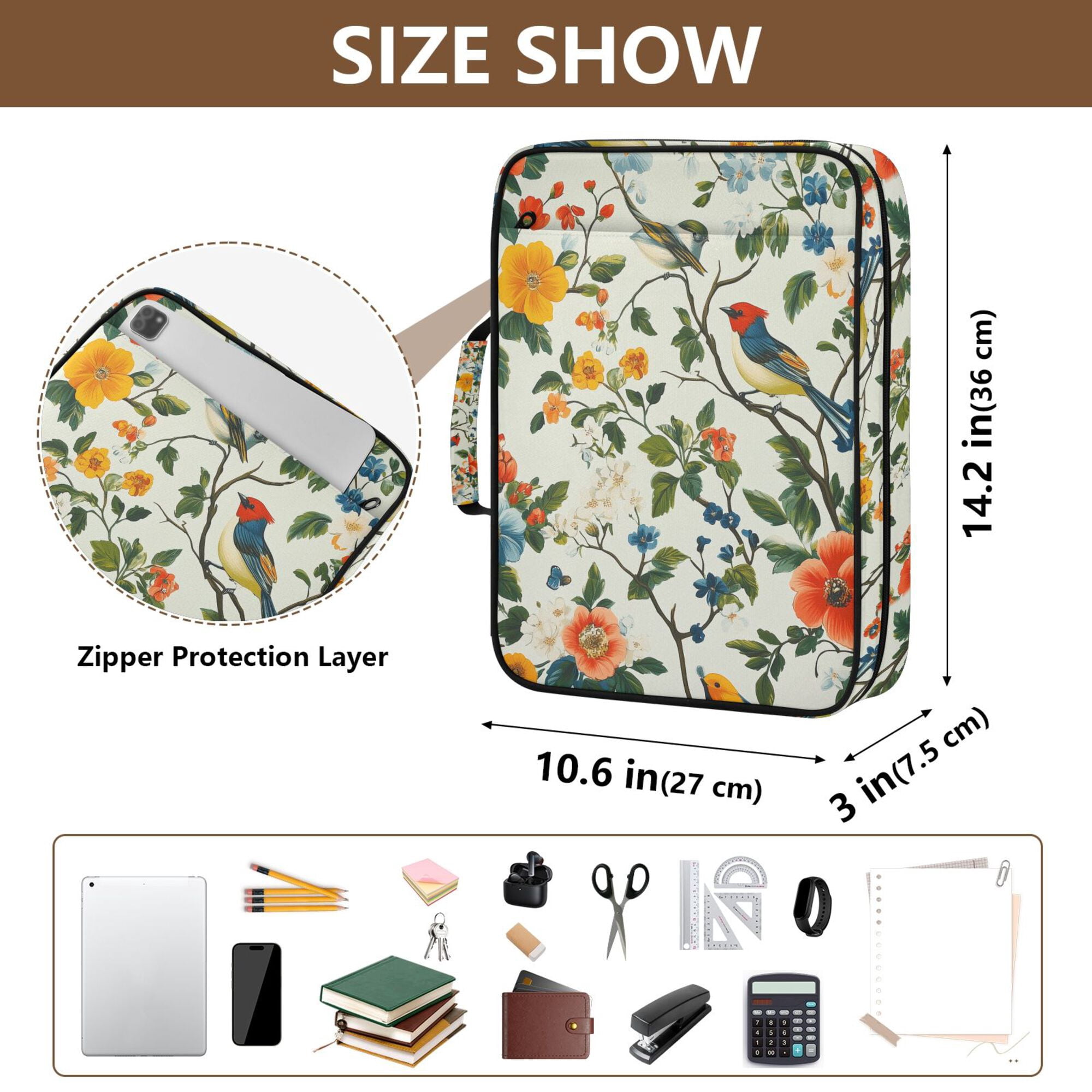 FORMRS Accordion File Folder A4 Size 7-Pocket Expanding Document Organizer Bag with 3 Ring Binder, Light Green Floral Pattern