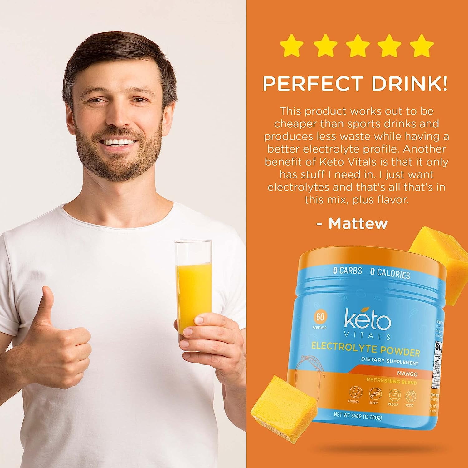 Keto Vitals Keto Electrolytes Powder for Hydration, Sleep, Energy, Muscle Function Mango