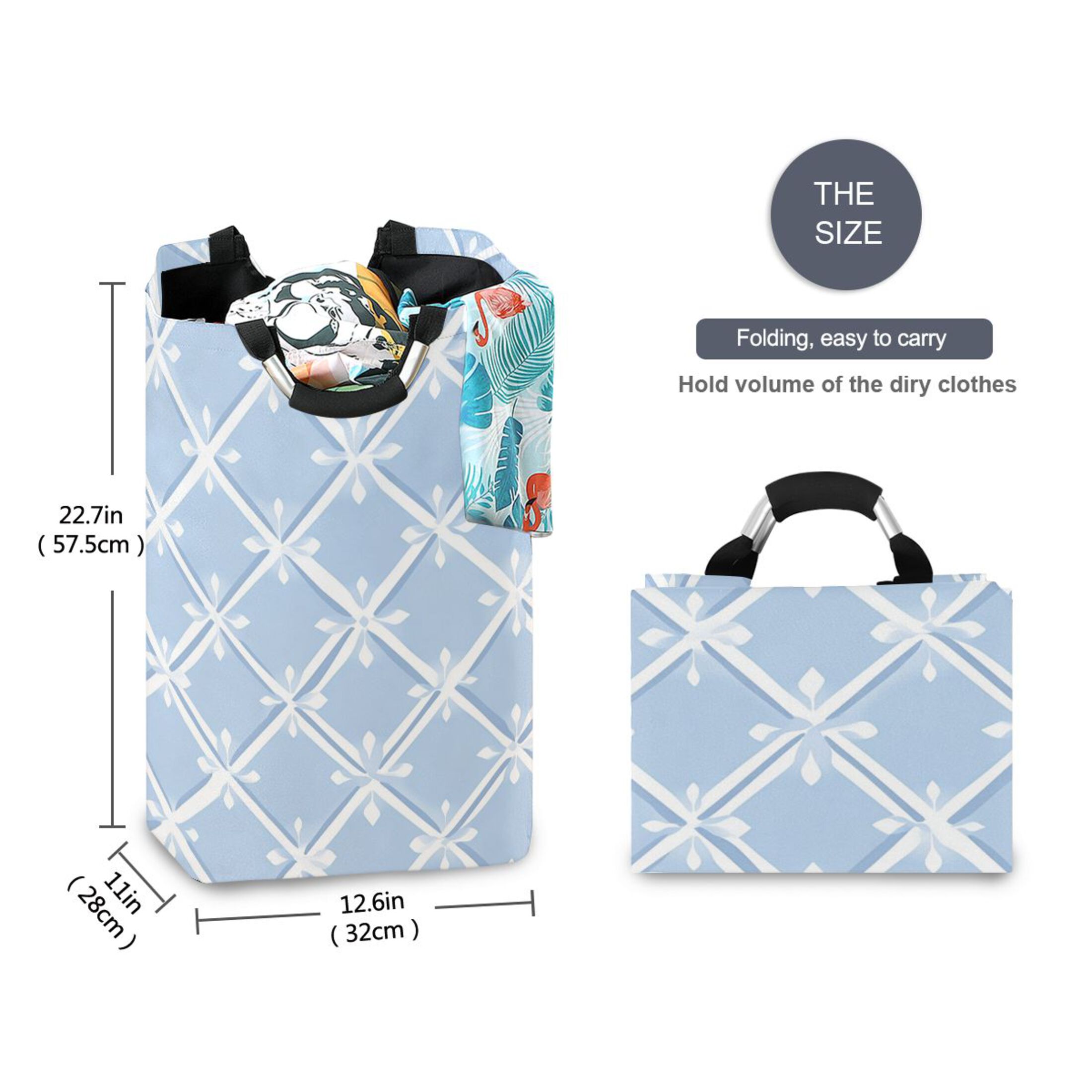 Light Blue Twill Checkerboard Laundry Basket with Handles Foldable Laundry Hamper Freestanding Washing Bin 50L