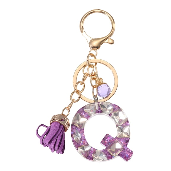 Initial Letter Keychain, Cute Alphabet Letter-Q Charm with Tassel Ball, Purple