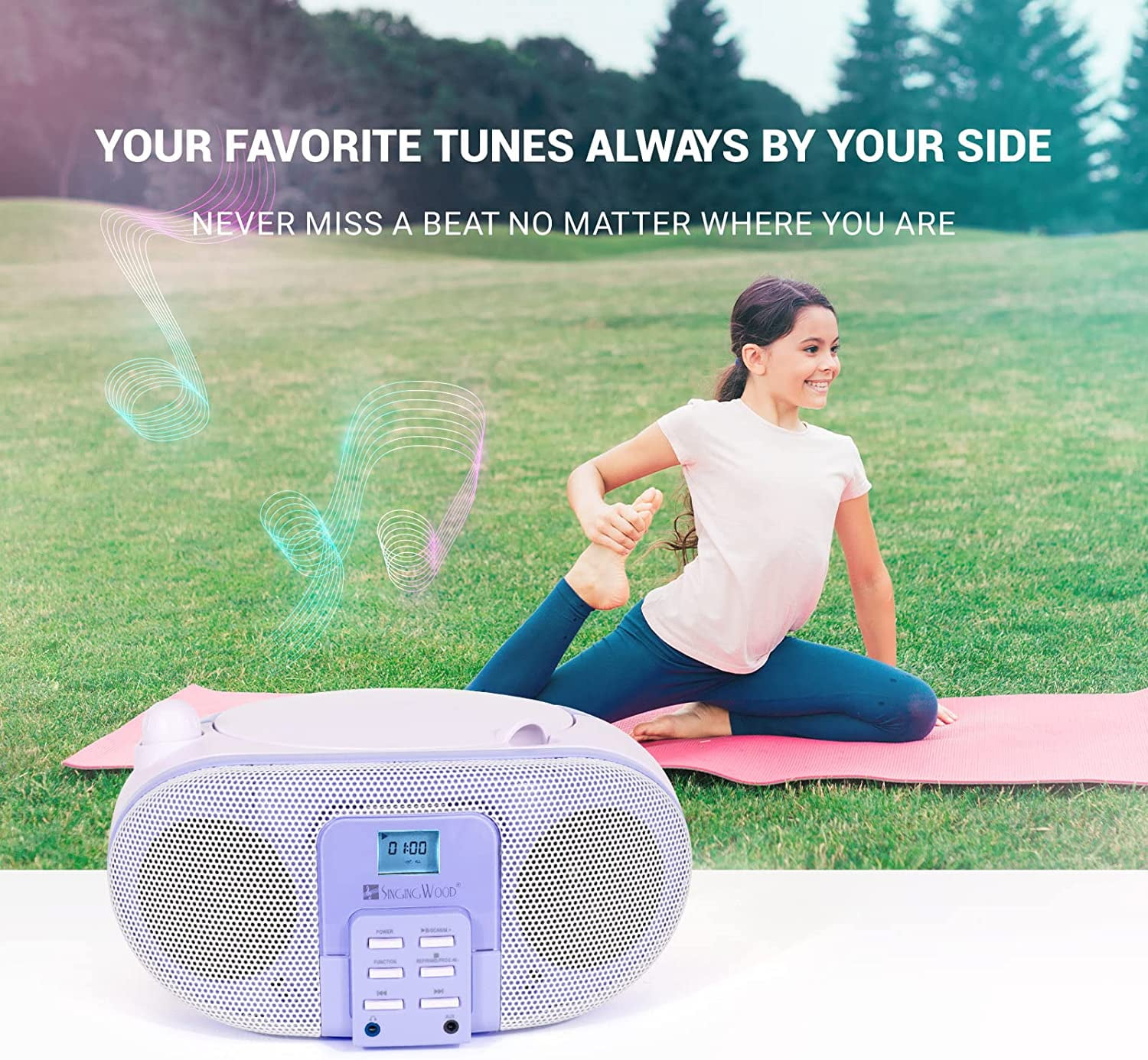 SingingWood GC01 Macarons Series Portable CD Player Boombox with AM FM Stereo Radio Kids CD Player LCD Display, Front Aux-in Port Headphone Jack, Supported AC or Battery Powered -Lavender