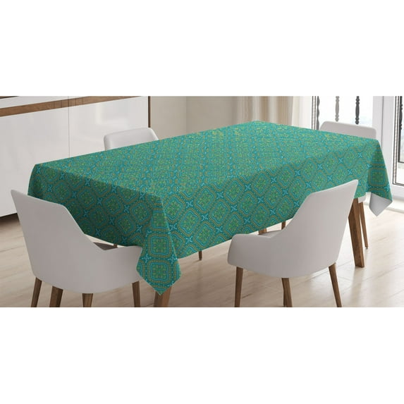 Oriental Tablecloth, Mandala and Paisley Like Motifs Traditional Illustration, Rectangle Satin Table Cover Accent for Dining Room and Kitchen, 52" X 70", Teal and Multicolor, by Ambesonne