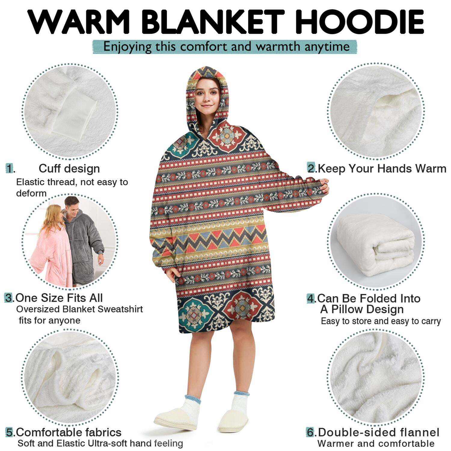 Wearable Oversized Blanket,Orange Paisley Pattern Wearable Blanket Hoodie for Adults,Cozy Hooded Blankets with Super Pockets,Super Warm Fuzzy Pullover for Women & Men