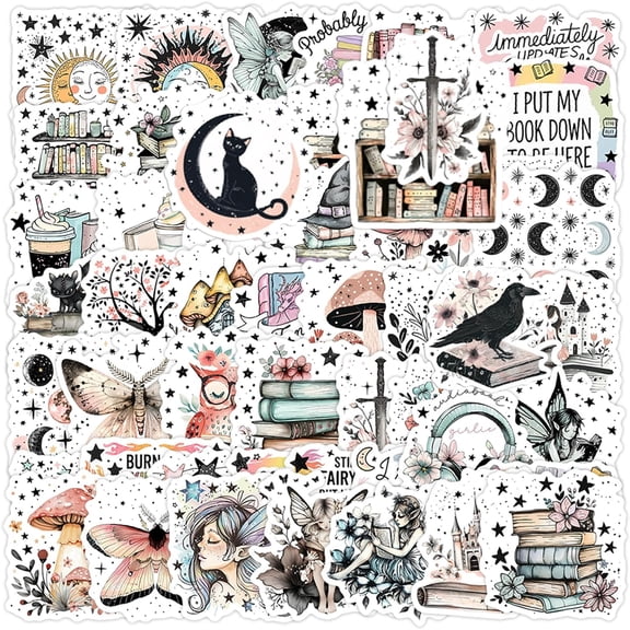 CCOCC 50Pcs Romantasy Stickers,Fantasy Gothic Bookish Sticker Aesthetic Reading & Cottagecore Vinyl Decals with Fairies Books Moons Waterproof Scrapbook Stickers for Journaling,Laptops