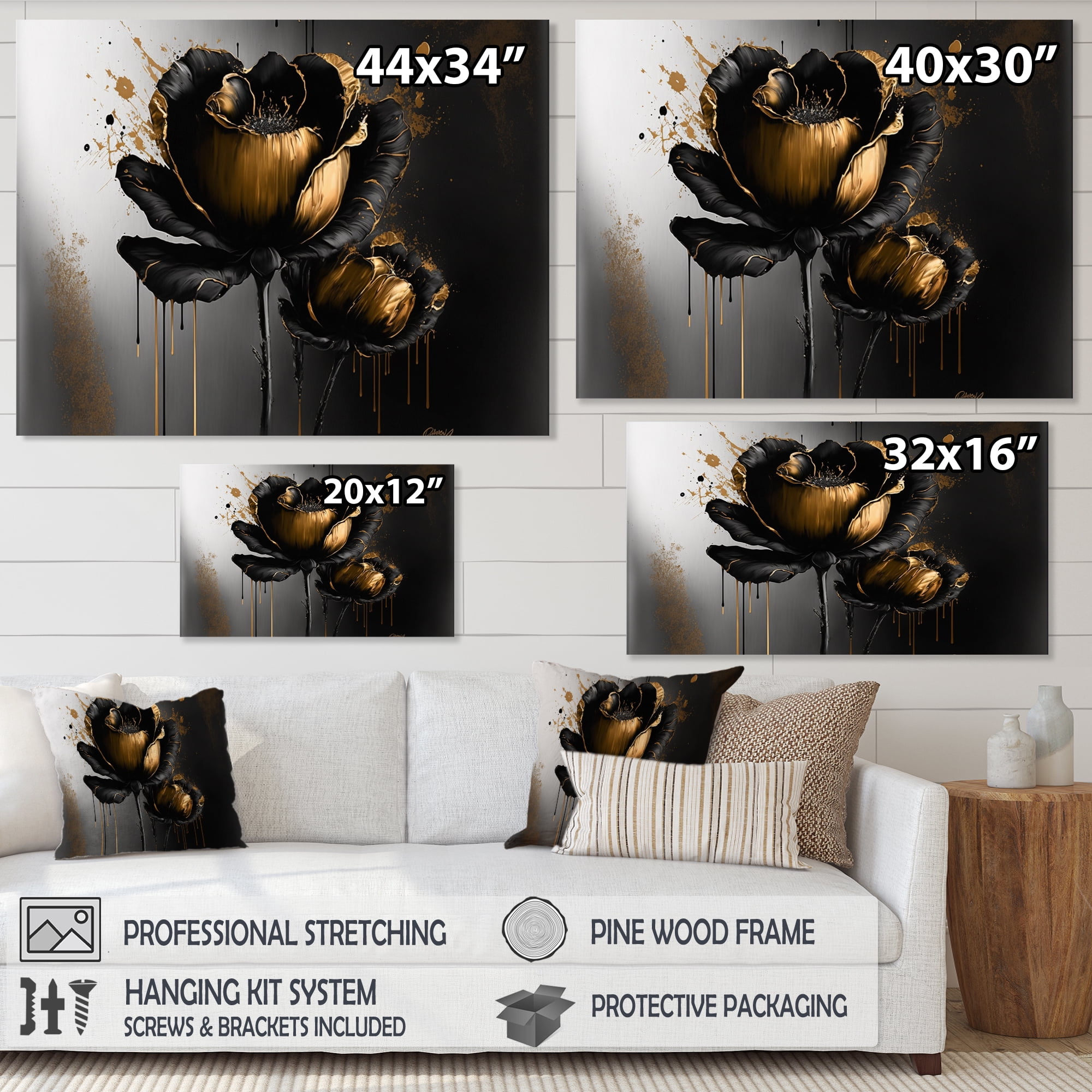 Designart Black And Gold Crocus Floral Design II Canvas Wall Art