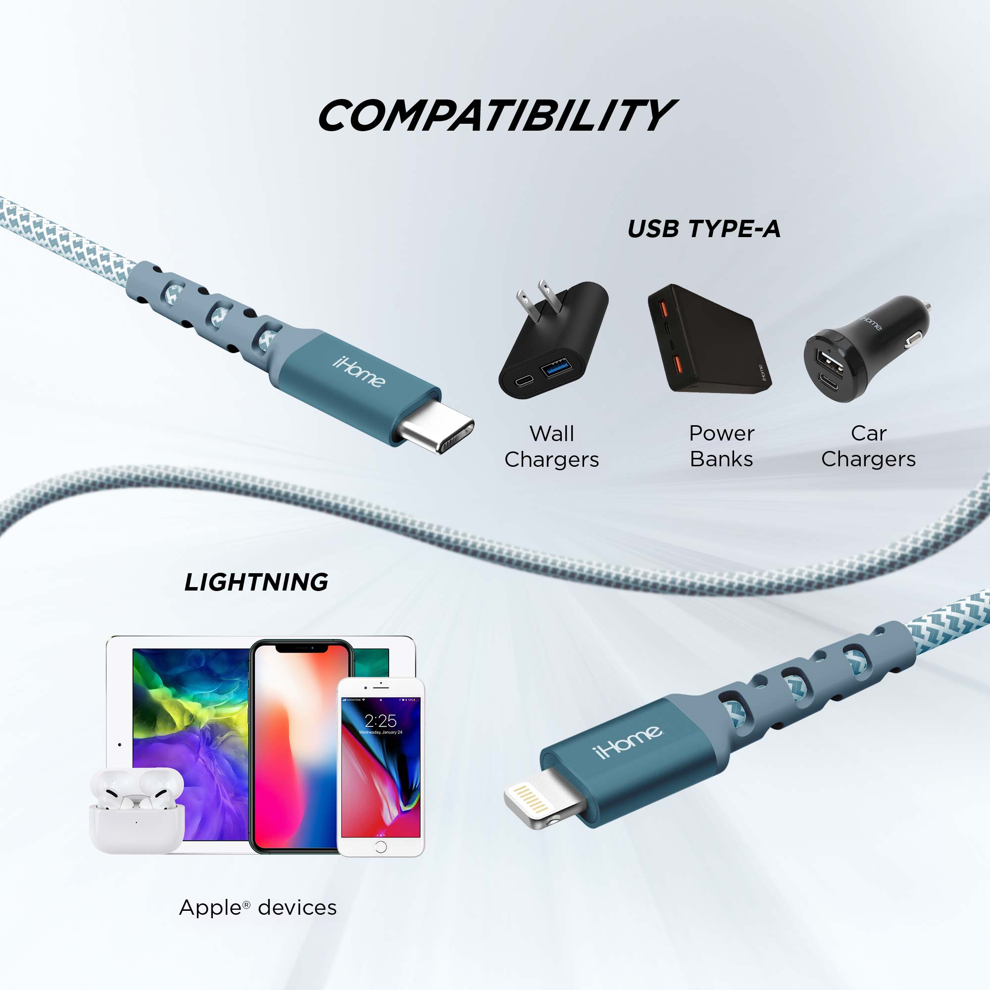 iHome 6 ft USB-C to Lightning Braided Cable, Blue photo 3