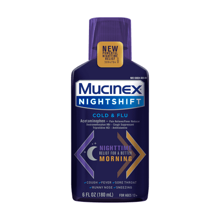 Mucinex Nightshift Cold and Flu Liquid, Pain Reliever, Fever Reducer, Cough Suppressant, Antihistamine, 1 Bottle (6 fl. Oz.)