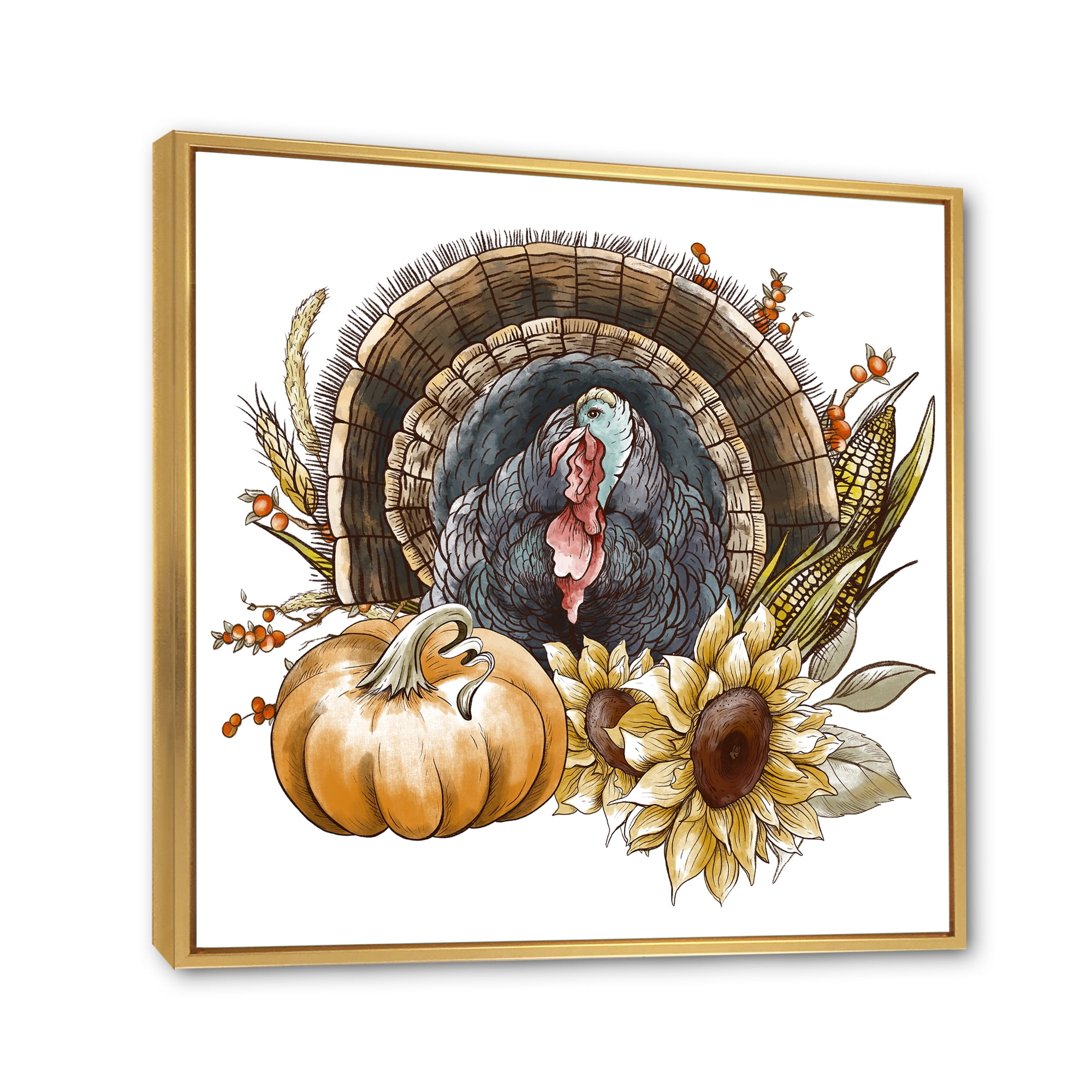 Designart 'Thanksgiving Vintage Turkey Pumpkin and Sunflowers ' Farmhouse Framed Canvas Wall Art Print