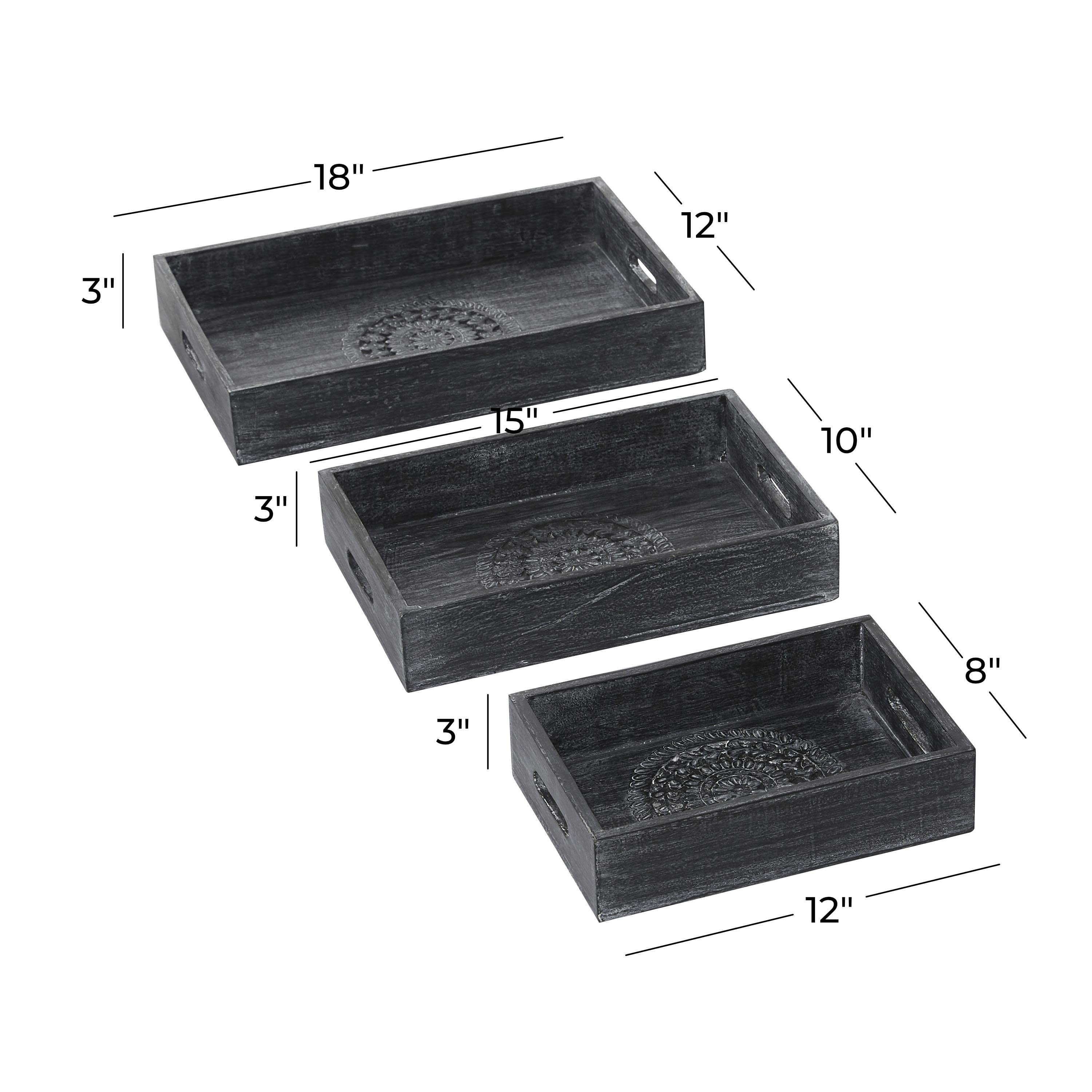 DecMode 12", 15", 18"W Black Wood Intricate Carved Floral Tray, 3-Pieces