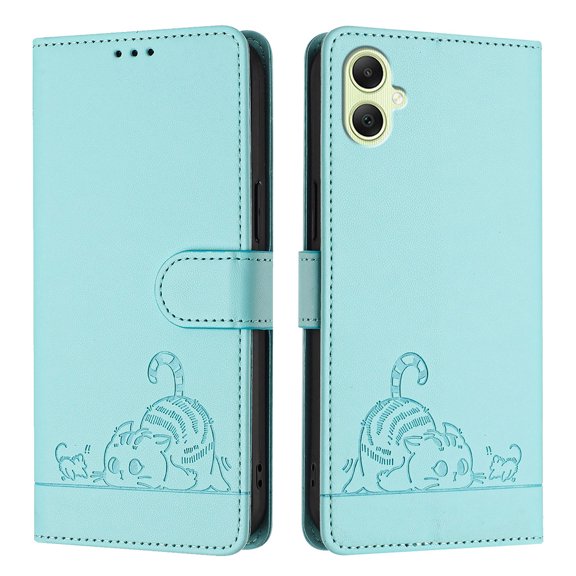 Phone Case for Samsung Galaxy A05 Wallet Case Cat Pattern PU Leather Case with [RFID Blocking] Card Slots Kickstand Shockproof Magnetic Flip Cover, Mint