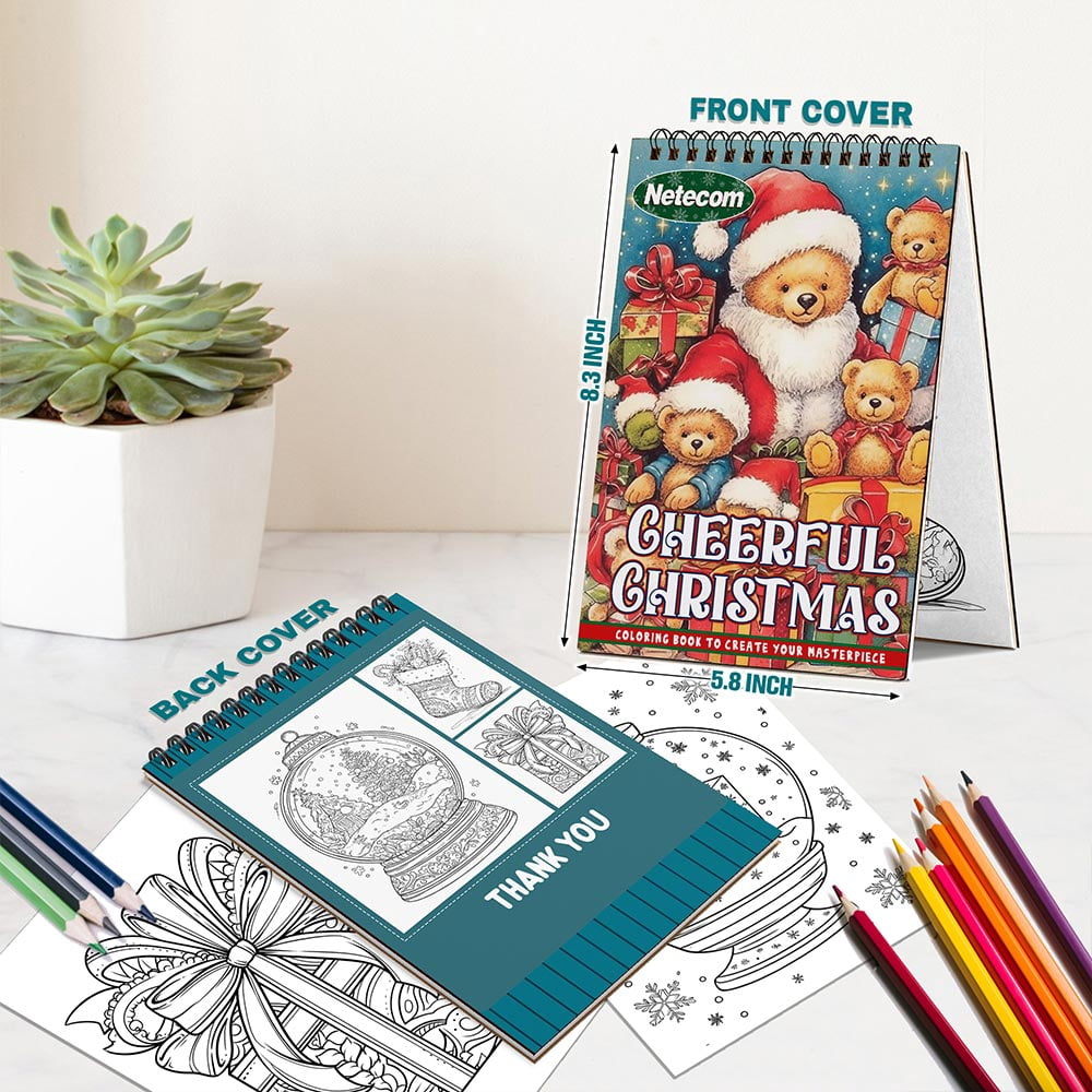 Netecom Cheerful Christmas Coloring Book Spiral Bound For Adults, A5 Wooden Cover, 30 Joyful Coloring Pages of Festive Holiday Scenes for Stress Relief and Relaxation