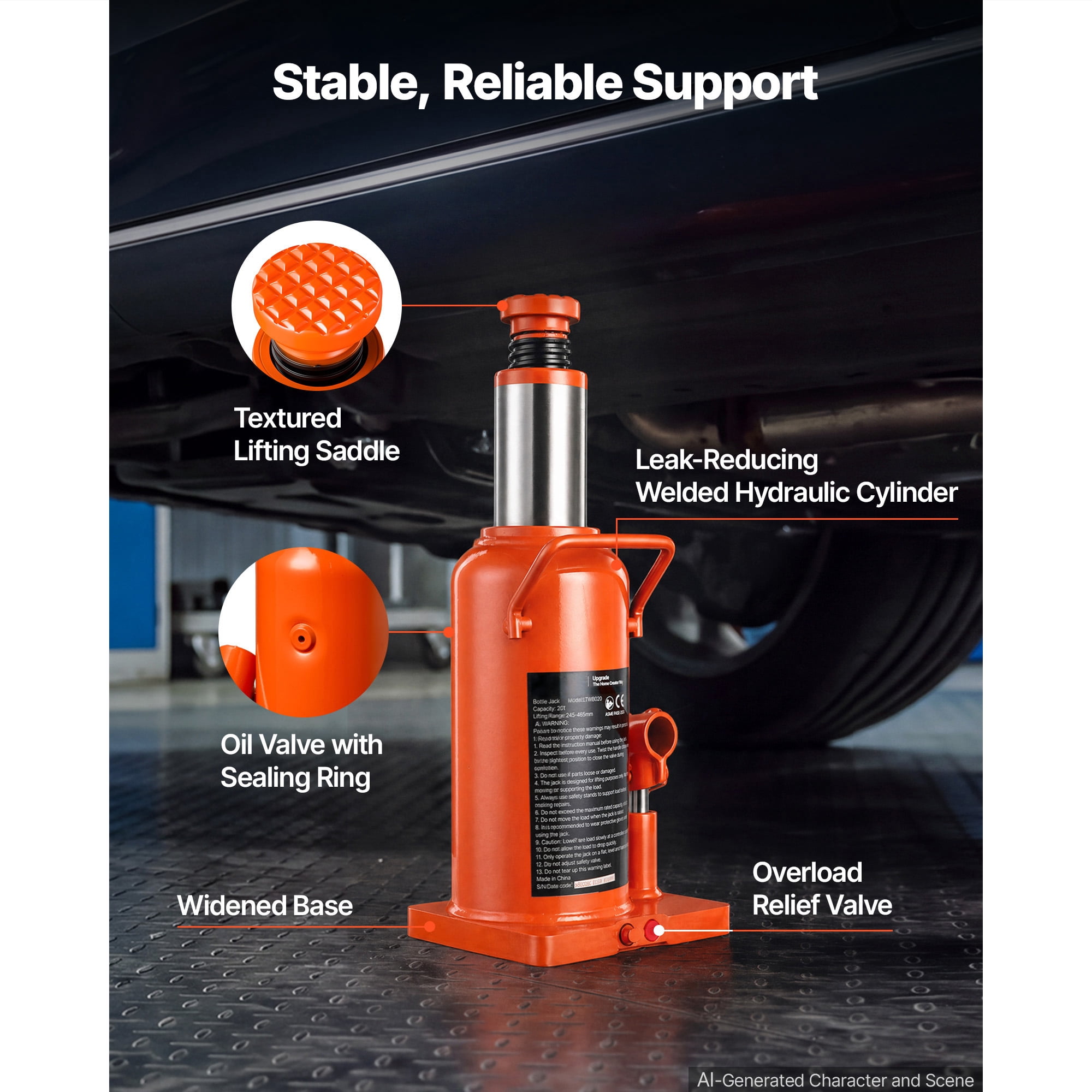 KFFKFF Hydraulic Bottle Jack 20 Ton (44092.5 lbs) Capacity, 9.65"-18.31" Lift Range, Suitable for Construction Vehicles, Heavy Trucks, Buses,Durable Multi-Directional Jack with Extended Handle