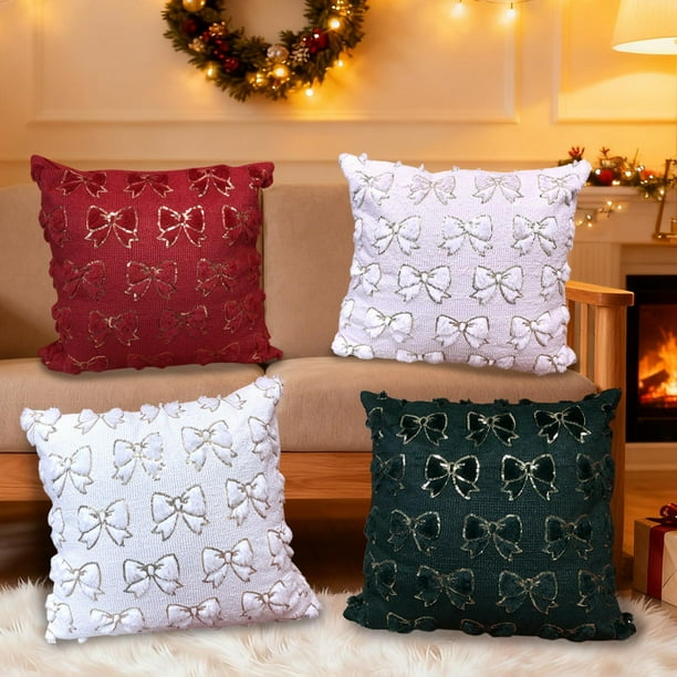 Funda de moño de lentejuelas - Cojín de poliéster acolchado y mullido • Funda decorativa de sofá de 44x44cm rojo, blanco verde rosa • Acento navideño suave y duradero