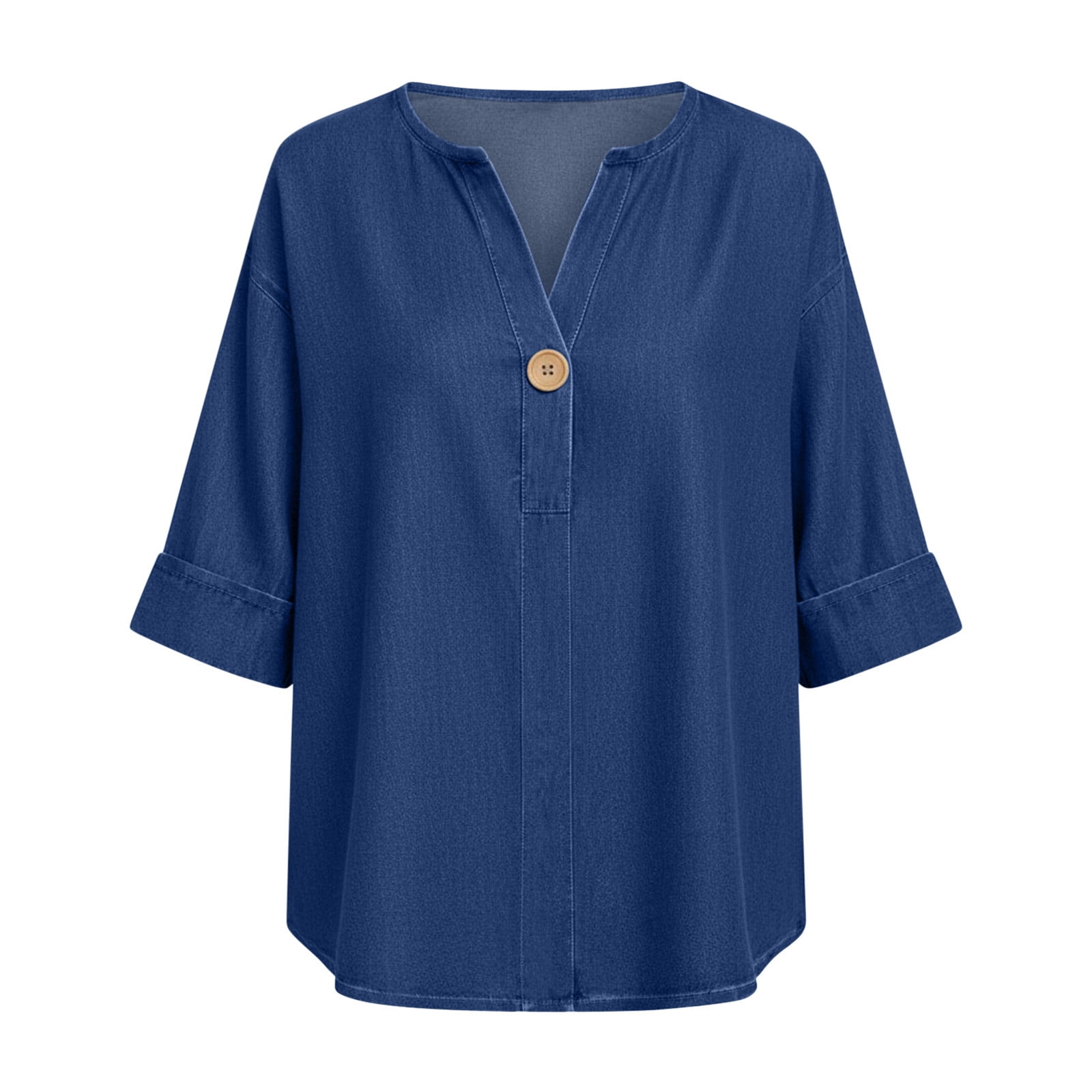 YHAJDS Women's T-Shirts Solid Color V Neck 3/4 Sleeve Relaxed Fit Casual Everyday Top