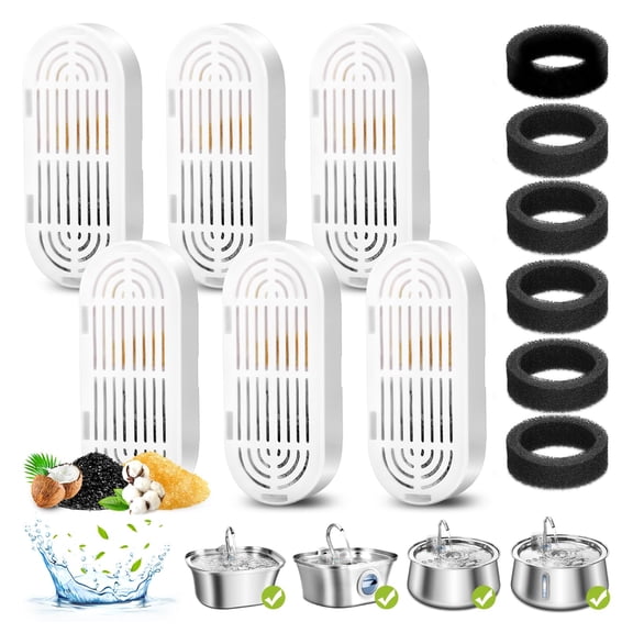 6 Pack Replacement Cat Fountain Filters & Replacement Sponges for Stainless Steel Pet Fountain with Water Level Window, Fountain Carbon Filters for Dog Water Dispenser Bowl