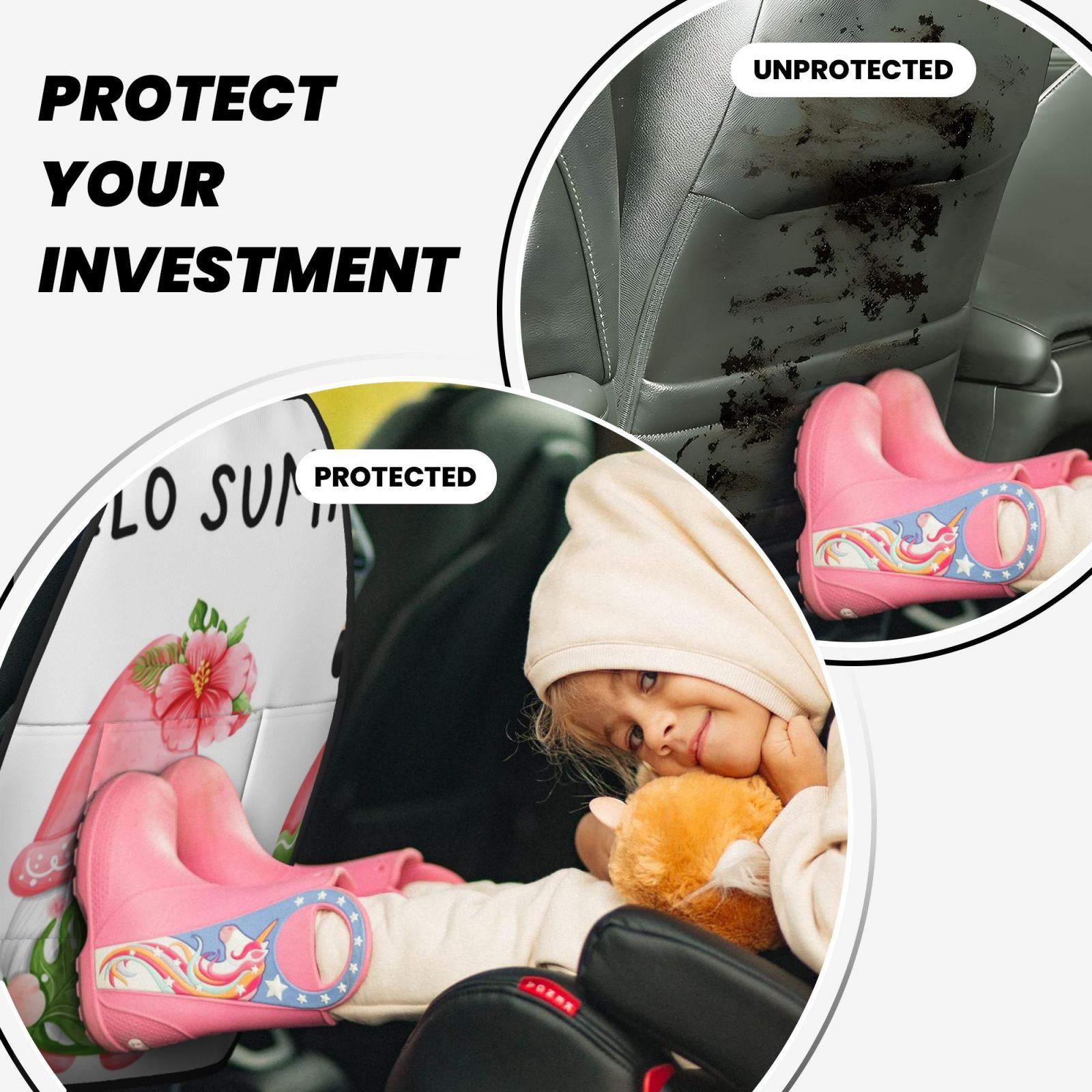 Kdxio Hello Summer Gnome Print 2 Pack Car Kick Mat Seat Cover Back Protector Mat with Pockets for Organizer Backseat Protector and Storage Anti Kick Pad for Vehicles