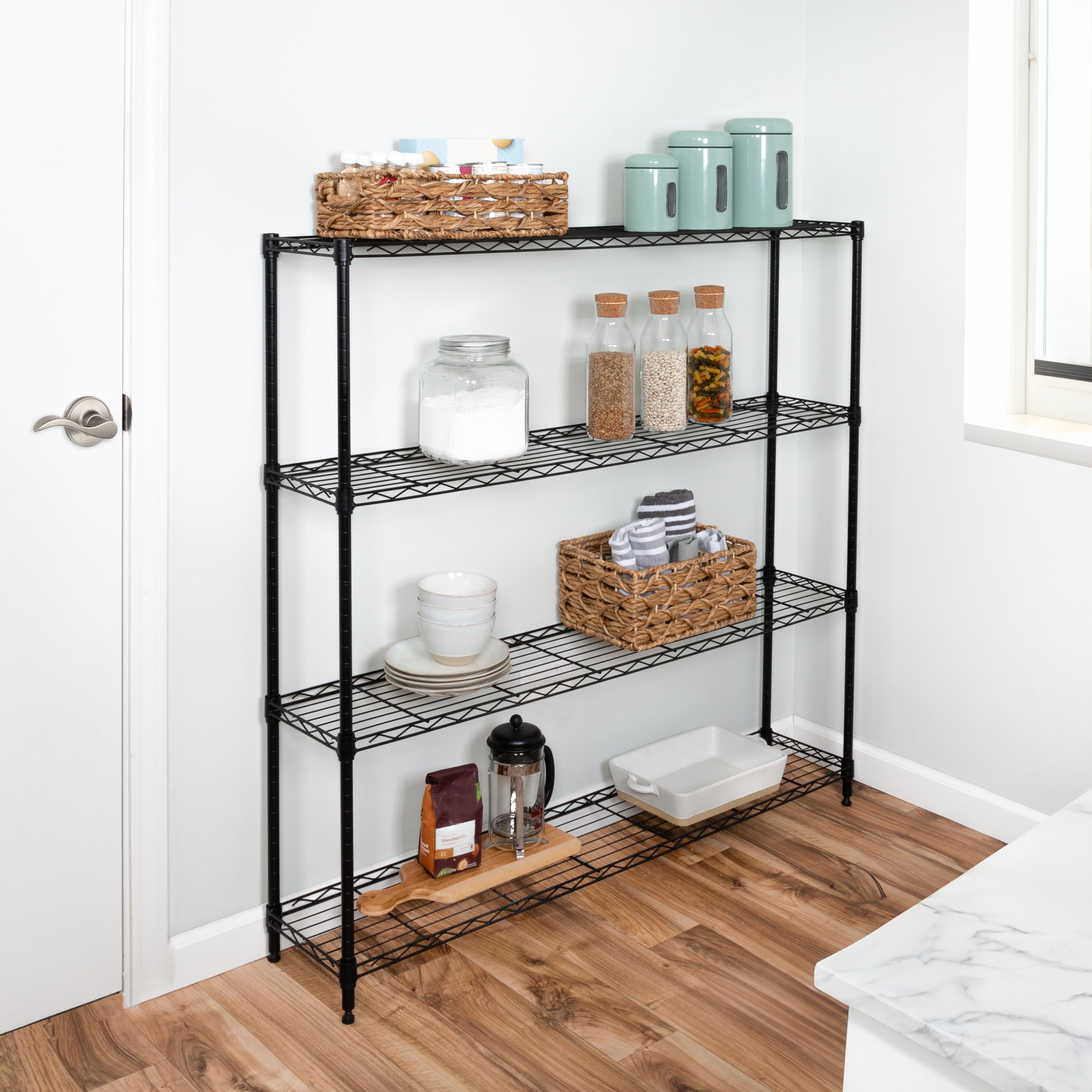 Honey-Can-Do 4-Tier Steel Slim Profile Wide Shelving Unit, Black, Holds up to 100 lbs per Shelf