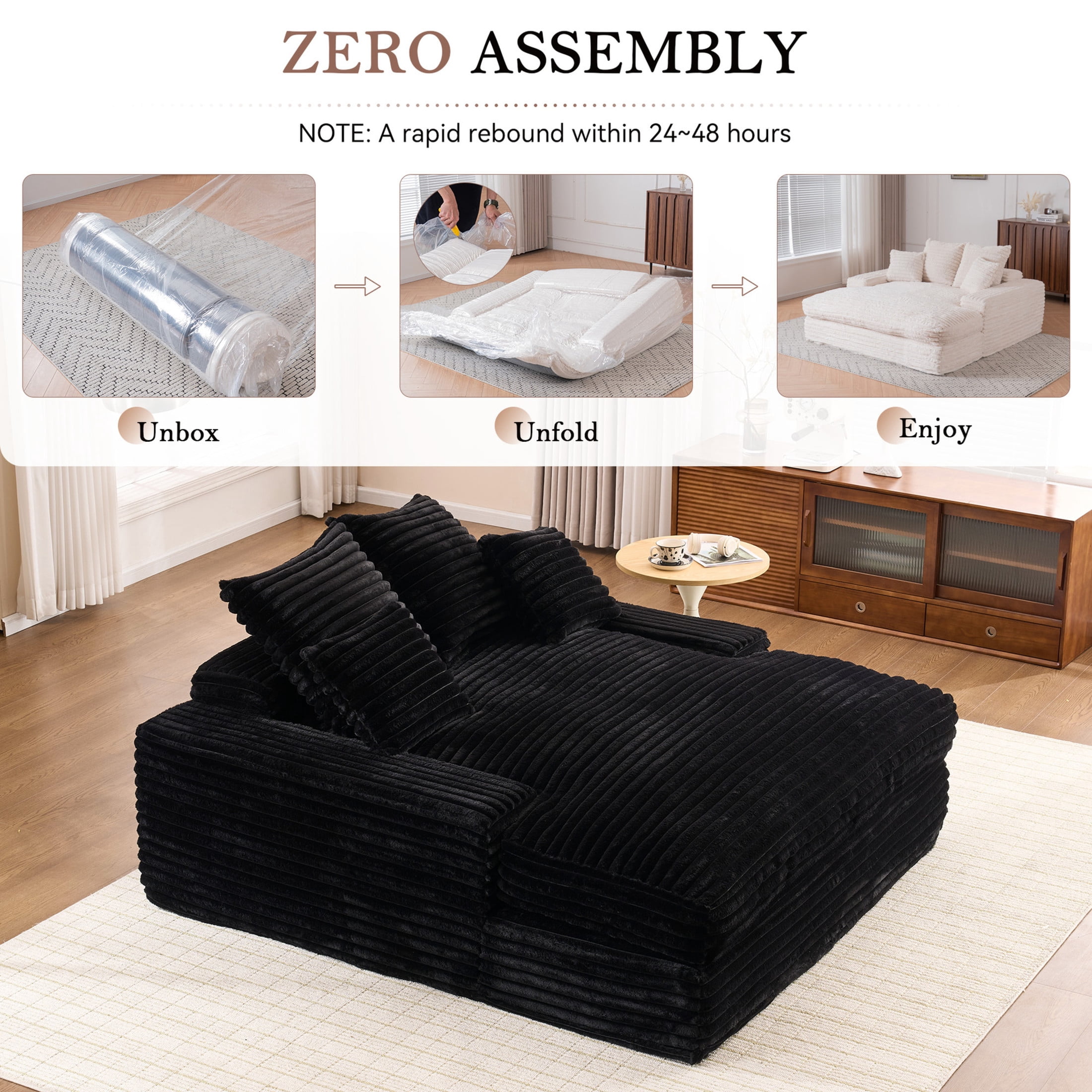 Noble House Heliox 68" Oversized Chaise Lounge Chair, Plush Corduroy Sleeper Sofa Bed with Removable Pillows, Black