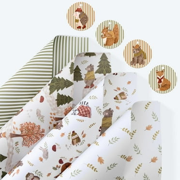 12 Sheets Fall Woodland Theme Gift Wrapping Paper with 20 Gift Tags, 4 Designs Autumn Forest Animal Gift Wrap Fox Squirrel Kids Baby Shower Birthday Party Favors and Supplies