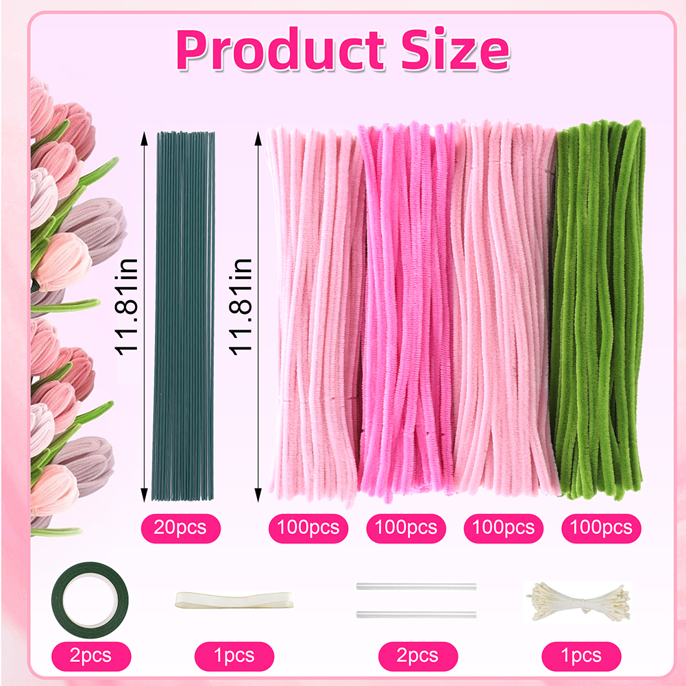 Yucurem 400PCS Pipe Cleaners Craft, 4 Assorted Colors Pipe Cleaners Bulk, Chenille Stems for DIY Flower Making Kit with Floral Wires, Gardening Tape,Stamen& Ribbon (Pink)